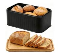 JFBLSD Bread Bin with Bamboo Cutting Board Lid, Metal Airtight Bread Box for Kitchen Counter, 30.5×18.5×12.5cm Breads Storage Container for Homemade Breads, Toast, Bagel, Donut and Cookies(Black)