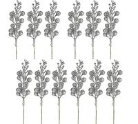 JFBUCF 12 Pcs Christmas Glitter Berries Stems, 7.8inch Artificial Silver Berry Picks, Fake Holly Berry Stems for Christmas Tree Ornaments Wreath Crafts Home Decor