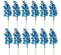 JFBUCF 12 Pcs Christmas Glitter Berries Stems, Artificial Blue Berry Picks, Fake Holly Berry Stems for Christmas Tree Ornaments Wreath Crafts Home Decor, 20cm