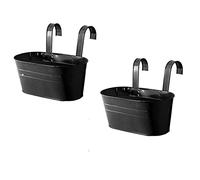 JFBUCF 2 Pcs Metal Hanging Flower Pots, Oval Railing Fence Hanging Bucket Pots Iron Planter with Detachable Hooks for Outdoor Garden Balcony Decor, Black, 27x12cm