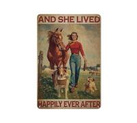JFCHBVEF Metal Tin Retro Sign-Girl with Horse and Dogs Wall Art, She Lived Happily Ever After Metal Poster Novelty Garden Decorative Plaque Farmhouse Country Home Wall Decor 8x12 Inch