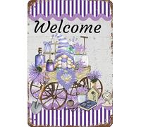 JFCHBVEF Tin Sign 8x12 inch Welcome Spring Lavender Gingham Wreath Craft Attachment Floral Decor Tray Gnome Metal Decoration Iron Painting