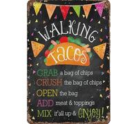 JFCHBVEF Vintage Funny Cabin Home Wall Art Walking Tacos Sign Mexican Fiesta Taco Bar Tin Poster Metal 8x12 inch