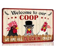 JFCHBVEF Welcome to Our Coop We Are All Cluckin‘ Crazy Metal Tin Sign Funny Chicken Coop Decor Chicken Wall Art Farmhouse Farm Home Coop Entrance Wall Decor 8x12 Inch