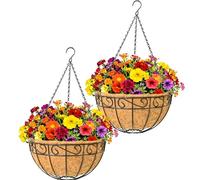JFFLYIT 2 Pack 12" Round Metal Hanging Basket for Outdoor Plants Durable Large Hanging Planter with Coco Coir Round Plant Holders Planter for Outside Garden Decoration (Flower Border)
