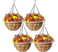 JFFLYIT 4 Pack 12" Round Metal Hanging Basket for Outdoor Plants Durable Large Hanging Planter with Coco Coir Round Plant Holders Planter for Outside Garden Decoration (Circular)