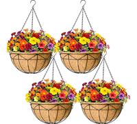 JFFLYIT 4 Pack 12" Round Metal Hanging Basket for Outdoor Plants Durable Large Hanging Planter with Coco Coir Round Plant Holders Planter for Outside Garden Decoration (Geometric)