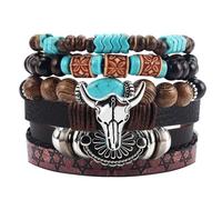 JFJXLM 6Pcs Turquoise Western Bracelets for Women Bohemian Leather Stackable Bangle Multilayer Beaded Stretch Bracelet Cow Head Charm Vintage Country Cowboy Jewelry for Christmas Birthday Gifts