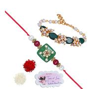 JFL - Jewellery for Less Men's Handmade Kundan Colorful Stone Combo Pearl Rakhi Set with Roli Chawal with Hand Written Greeting Note (Green)