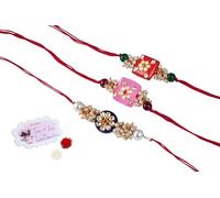 JFL Mens - Jewellery for Less Combo of 3 Colorful Design Kundan Stone Rakhi for Bhaiya,Bhai Rakhi Set with Roli Chawal for Raksha Bandhan and Hand Written Greeting Note (Adjustable), Adjustable