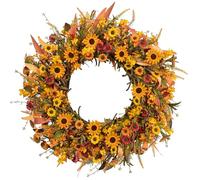 J'FLORU 28 Inch Artificial Fall Wreath Large Fall Wreaths for Front Door Autumn Wreath with Daisy and Lavender Berry Fall Leaves for Wall Fireplace Farmhouse Thanksgiving Day Harvest Festival Decor