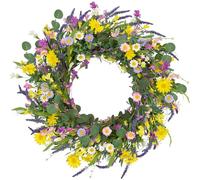J'FLORU Spring Wreaths for Front Door 22 Inch Artificial Spring Wreath Summer Flower Wreath with Daisy and Lavender for Indoor Outdoor Wall Window and Easter Celebration