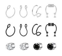 JFORYOU 12 Pieces Stainless Steel Fake Nose Ring Hoop No Pierced False Magnetic Septum Tragus Lip Rings Earrings Silver Black Piercing Jewelry with Ball Accessories