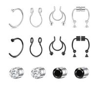 JFORYOU 12 Pieces Stainless Steel Fake Nose Ring Hoop No Pierced Magnetic False Septum Lip Tragus Rings Earrings Silver Black Piercing Jewelry with ball accessories