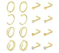 JFORYOU 16PCS Nose Ring Stud Stainless Steel Gold 20G Nose Screw Hoop Rings Bar CZ Nose Piercing Jewelry for Women Men