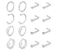 JFORYOU 16PCS Nose Ring Stud Stainless Steel Silver 20G Nose Screw Hoop Rings Bar CZ Nose Piercing Jewelry for Women Men