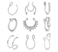JFORYOU 9 Pieces Stainless Steel Fake Nose Ring Hoop No Pierced False Septum Lip Tragus Rings Earrings Silver Piercing Jewelry