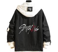 JFSKFOU Stray Kids Mens Hoodie Loose Letter Patchwork Denim Jacket Autumn Winter Outerwear Unisex Couple Sweatshirt (5,XL)