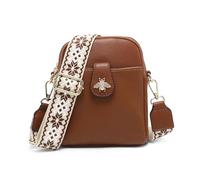 JFY Bee Badge Two Zipped Sections Canvas Strap Cross Body Bag (Dark Brown)