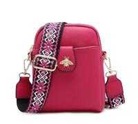 JFY Bee Badge Two Zipped Sections Canvas Strap Cross Body Bag (Fuchsia)