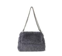 JFY Flap Faux Fur Two Chain Handles Zip Top Closure Shoulder Bag (Grey)