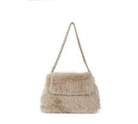 JFY Flap Faux Fur Two Chain Handles Zip Top Closure Shoulder Bag (Khaki)