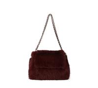 JFY Flap Faux Fur Two Chain Handles Zip Top Closure Shoulder Bag (Wine)