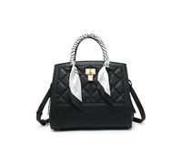 JFY Quilted Diamand Pattern Silky Scarf Wrapped Handle Tote Bag (Black)