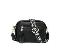 JFY Tassel Two Zipped Sections Canvas Strap Cross Body Bag (Black)