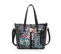 JFY Women's 2-in-1 matching Crossbody & Flap over clasp Laser cut pattern Tote Bag in Black