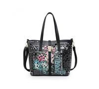 JFY Women's 2-in-1 matching Crossbody & Flap over clasp Laser cut pattern Tote Bag in Black JFY Black