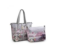 JFY Women's 2-in-1 matching Crossbody & Flap over clasp Laser cut pattern Tote Bag in Grey JFY Grey