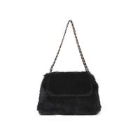 JFY Women's Flap Faux Fur Two Chain Handles Zip Top Closure Shoulder Bag in Black