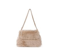 JFY Women's Flap Faux Fur Two Chain Handles Zip Top Closure Shoulder Bag in Khaki JFY Khaki One Size