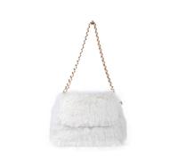 JFY Women's Flap Faux Fur Two Chain Handles Zip Top Closure Shoulder Bag in White