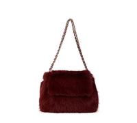 JFY Women's Flap Faux Fur Two Chain Handles Zip Top Closure Shoulder Bag in Wine