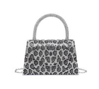 JFY Women's Leopard Print Flap Trapezoid Shape Single Side Diamante Bag in Silver