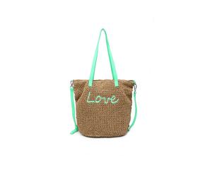 JFY Women's Long Handle Woven Straw Bucket Beach Bag in Green