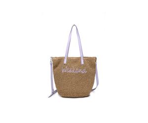 JFY Women's Long Handle Woven Straw Bucket Beach Bag in Lilac JFY Lilac