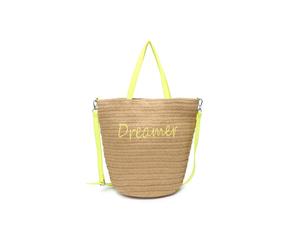 JFY Women's Long Handle Woven Straw Bucket Beach Bag in Yellow JFY Yellow