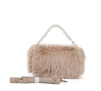 JFY Women's Pearl Grab Handle Faux Fur Clutch Bag in Khaki