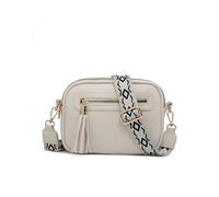 JFY Women's Tassel Two Zipped Sections Canvas Strap Cross Body Bag in Beige