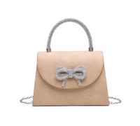 JFY Women's Tie Diamante Embedded Top Handle Suede Clutch Bag in Beige