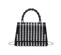 JFY Women's Trapezoid Shape Flap Twist Top Handle Double Side Diamante Bag in Black