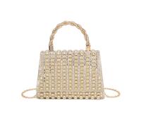 JFY Women's Trapezoid Shape Flap Twist Top Handle Double Side Diamante Bag in Metallic Gold
