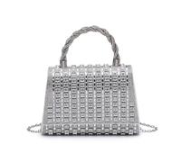 JFY Women's Trapezoid Shape Flap Twist Top Handle Double Side Diamante Bag in Silver