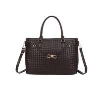 JFY Women's Zip Top Two Handles Weaved Pattern Tote Bag in Dark Brown