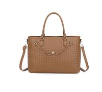 JFY Women's Zip Top Two Handles Weaved Pattern Tote Bag in Taupe JFY Taupe