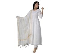 JG JAI GOVINDAM Chikankari Cotton Anarkali Indian Kurti For Women Summer Dress Kurta Pant With Dupatta Set Pakistani Long Kurta-(S) White