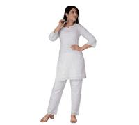 JG JAI GOVINDAM Chikankari Cotton Indian Kurtis For Women Summer Dresses Tunic Top Pant Set Pakistani Salwar Kameez Suit Set (Small) White